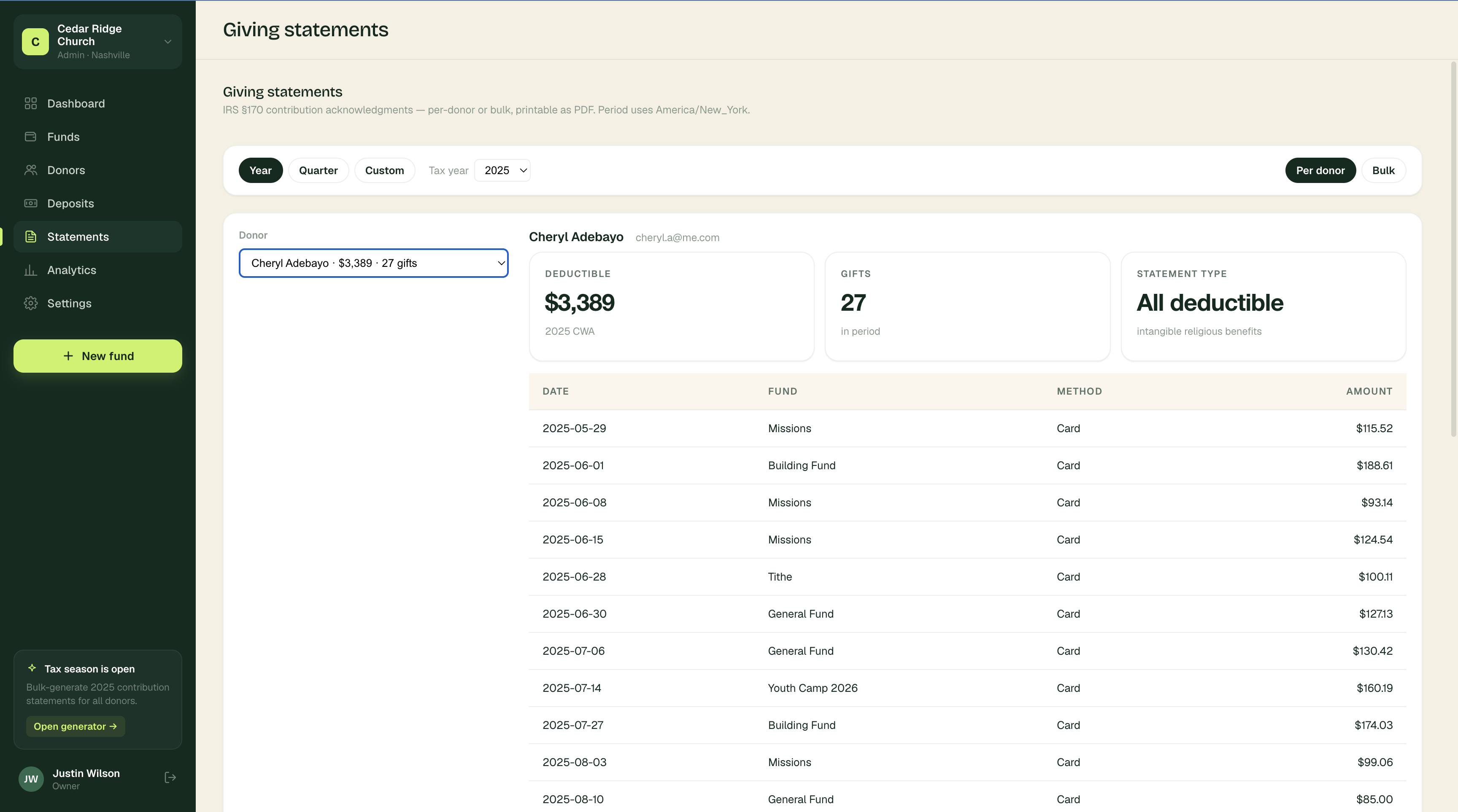 Freely Give Giving Statements screen showing IRS §170 contribution acknowledgments — per-donor deductible total, gift count, and a dated list of gifts with fund and method