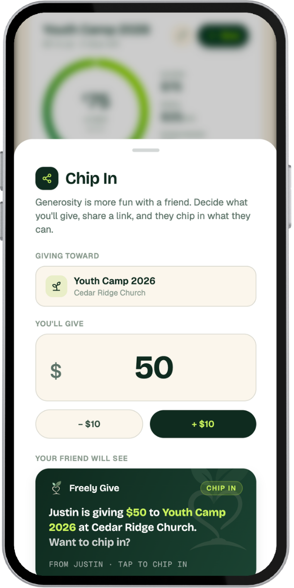 Freely Give Chip In setup screen — choose your gift amount and create a shareable link