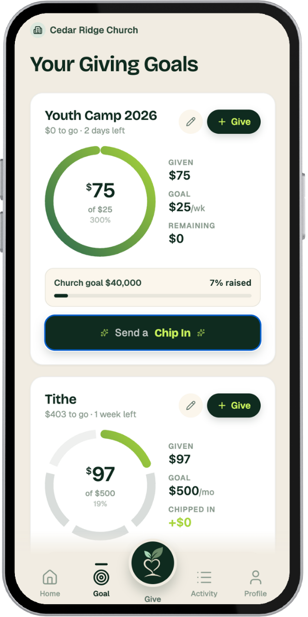 Freely Give Chip In share screen — a friend sees your gift and chips in what they can